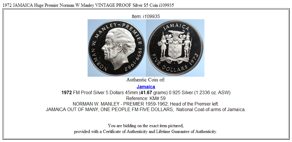 1972 JAMAICA Huge Premier Norman W Manley VINTAGE PROOF Silver $5 Coin i109935