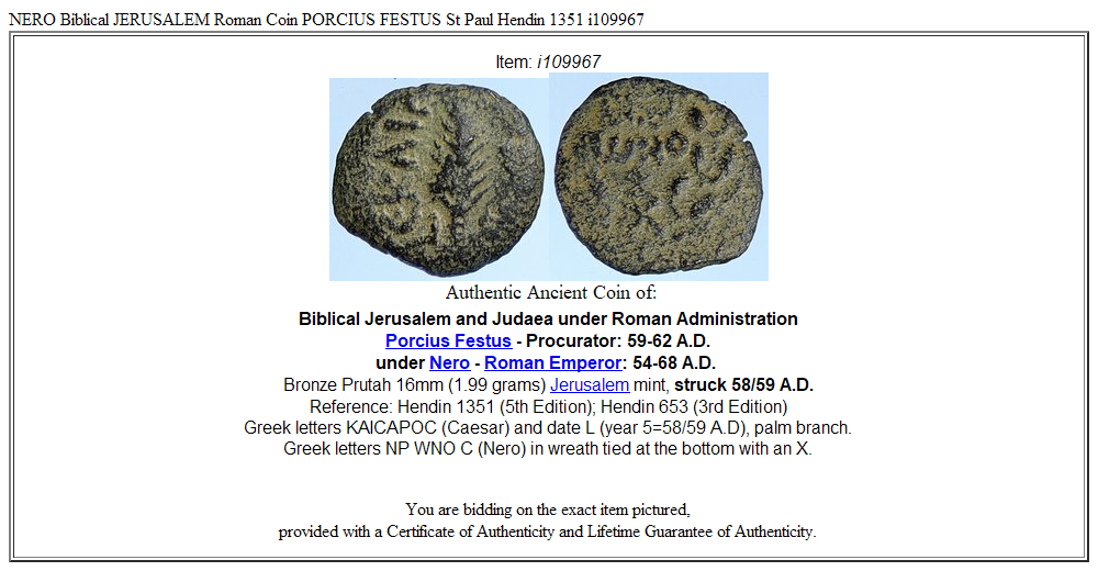 NERO Biblical JERUSALEM Roman Coin PORCIUS FESTUS St Paul Hendin 1351 i109967