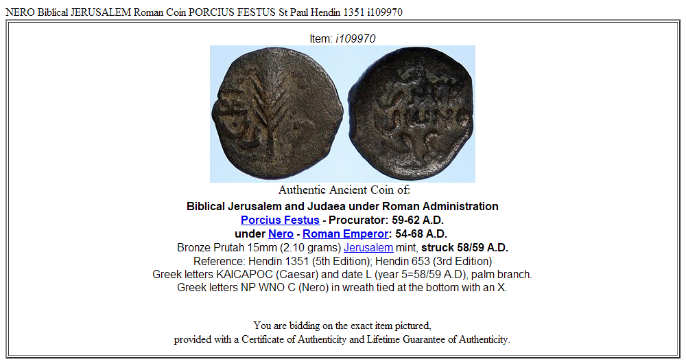 NERO Biblical JERUSALEM Roman Coin PORCIUS FESTUS St Paul Hendin 1351 i109970