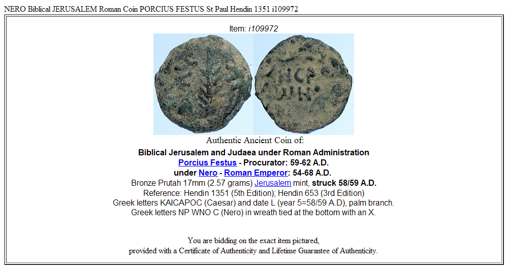 NERO Biblical JERUSALEM Roman Coin PORCIUS FESTUS St Paul Hendin 1351 i109972