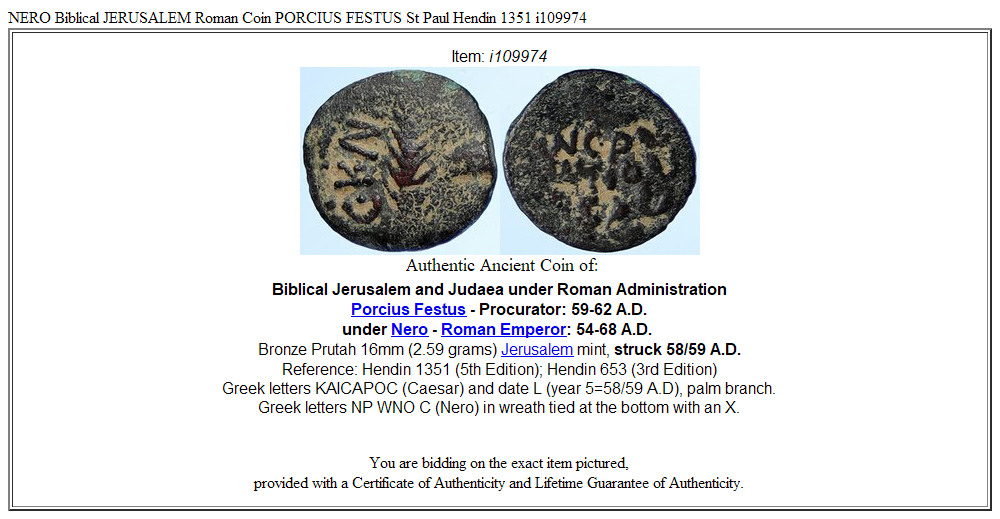 NERO Biblical JERUSALEM Roman Coin PORCIUS FESTUS St Paul Hendin 1351 i109974