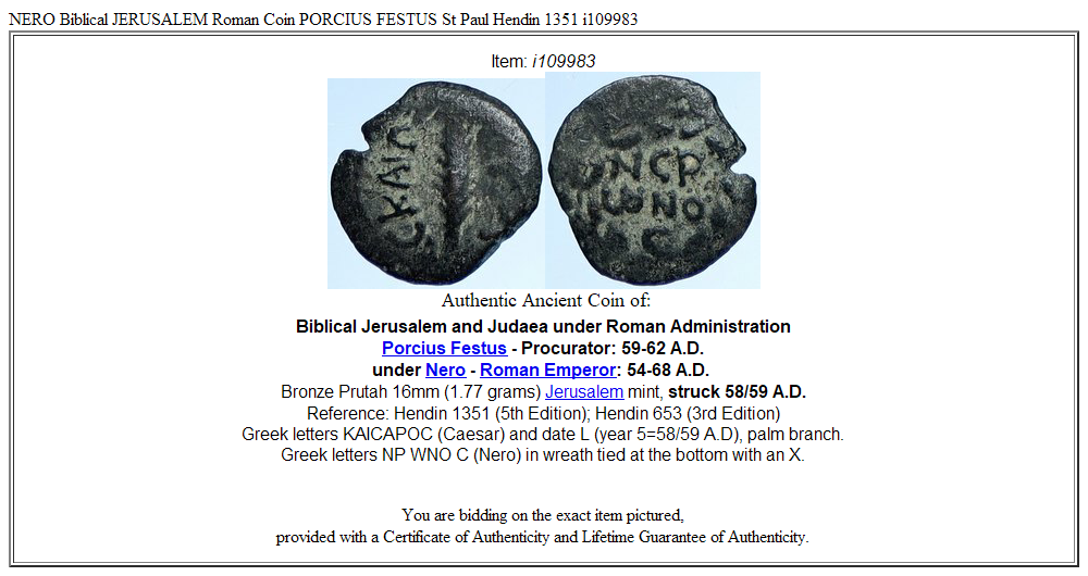 NERO Biblical JERUSALEM Roman Coin PORCIUS FESTUS St Paul Hendin 1351 i109983