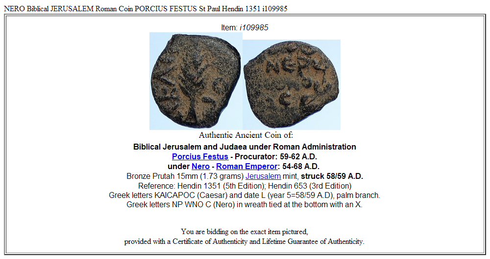 NERO Biblical JERUSALEM Roman Coin PORCIUS FESTUS St Paul Hendin 1351 i109985