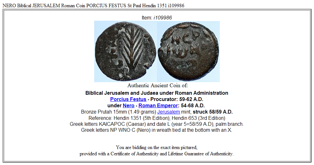 NERO Biblical JERUSALEM Roman Coin PORCIUS FESTUS St Paul Hendin 1351 i109986