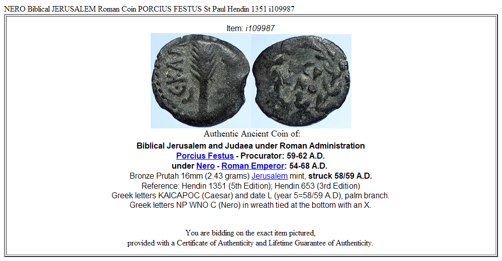 NERO Biblical JERUSALEM Roman Coin PORCIUS FESTUS St Paul Hendin 1351 i109987