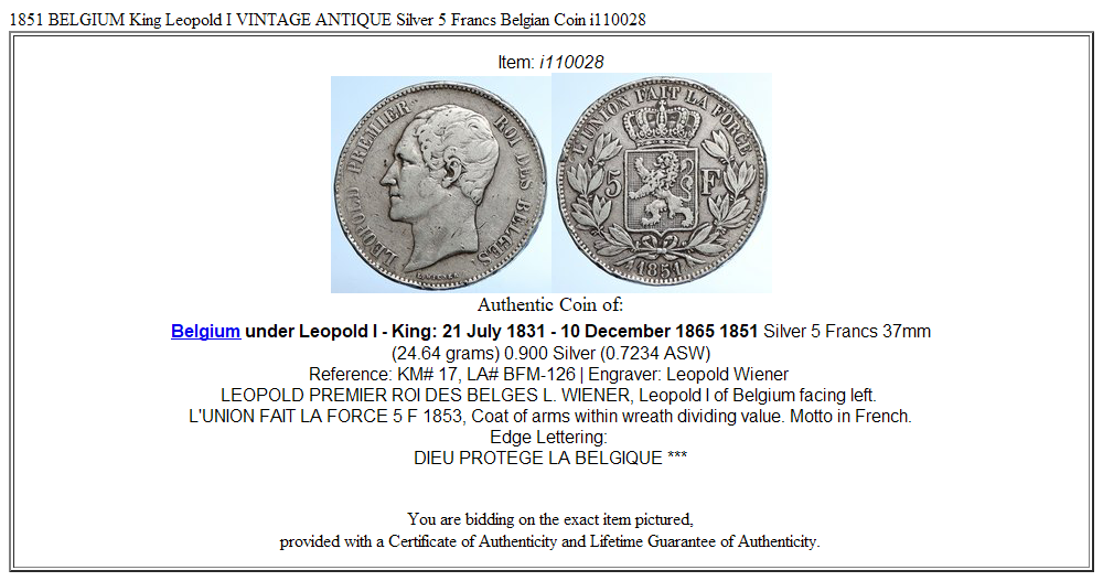 1851 BELGIUM King Leopold I VINTAGE ANTIQUE Silver 5 Francs Belgian Coin i110028