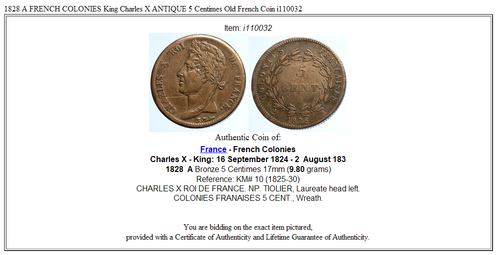 1828 A FRENCH COLONIES King Charles X ANTIQUE 5 Centimes Old French Coin i110032