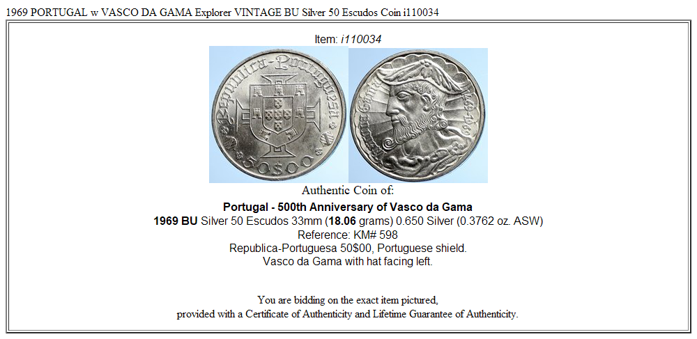 1969 PORTUGAL w VASCO DA GAMA Explorer VINTAGE BU Silver 50 Escudos Coin i110034