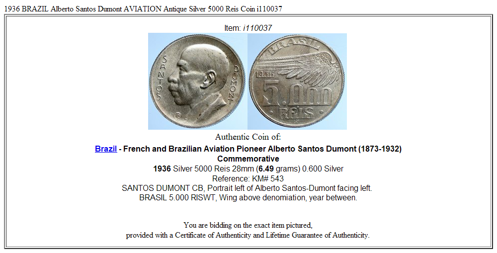 1936 BRAZIL Alberto Santos Dumont AVIATION Antique Silver 5000 Reis Coin i110037