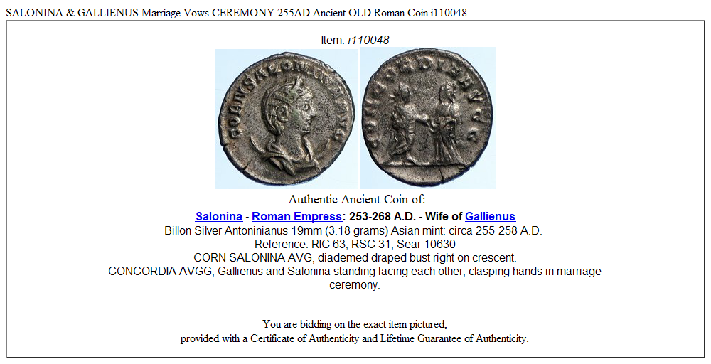 SALONINA & GALLIENUS Marriage Vows CEREMONY 255AD Ancient OLD Roman Coin i110048