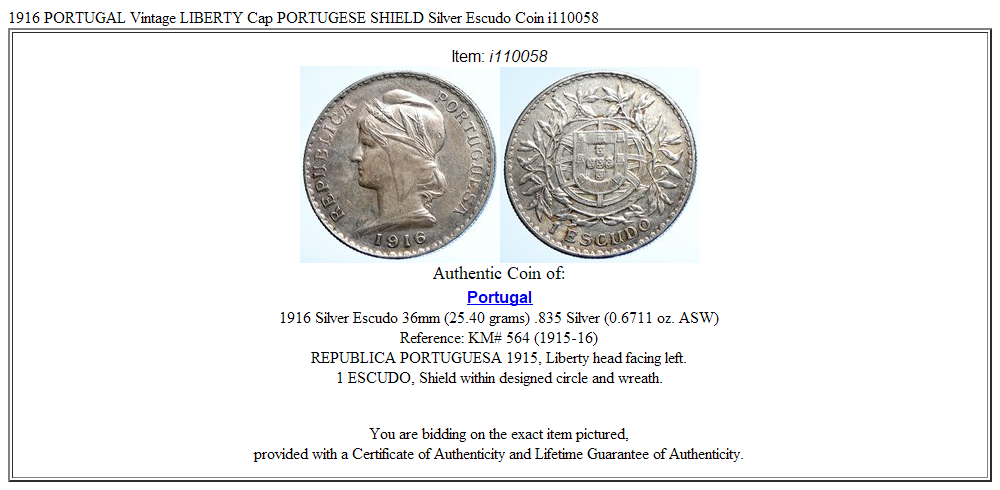 1916 PORTUGAL Vintage LIBERTY Cap PORTUGESE SHIELD Silver Escudo Coin i110058