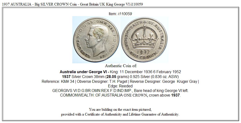 1937 AUSTRALIA - Big SILVER CROWN Coin - Great Britain UK King George VI i110059