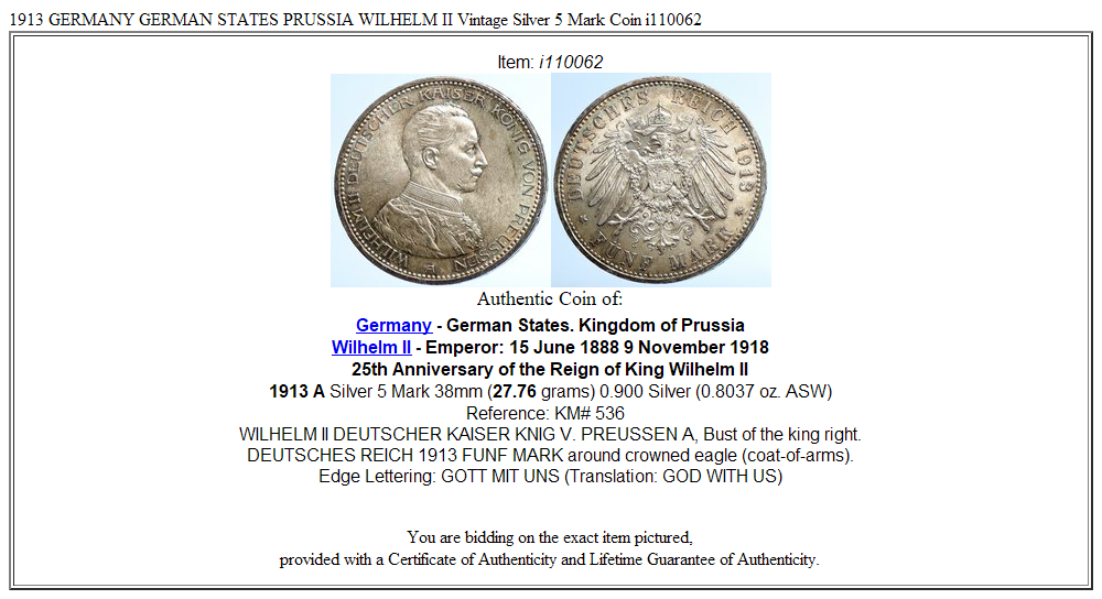 1913 GERMANY GERMAN STATES PRUSSIA WILHELM II Vintage Silver 5 Mark Coin i110062