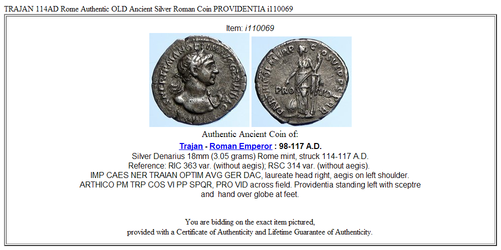 TRAJAN 114AD Rome Authentic OLD Ancient Silver Roman Coin PROVIDENTIA i110069