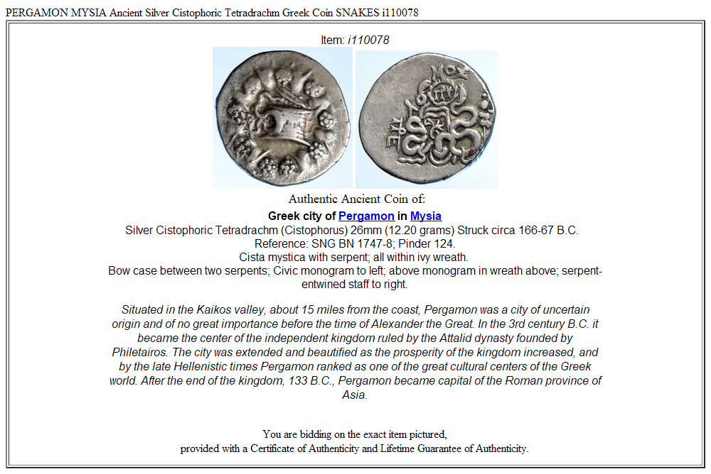 PERGAMON MYSIA Ancient Silver Cistophoric Tetradrachm Greek Coin SNAKES i110078