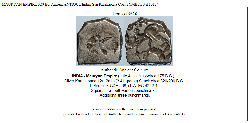 MAURYAN EMPIRE 320 BC Ancient ANTIQUE Indian Sun Karshapana Coin SYMBOLS i110124