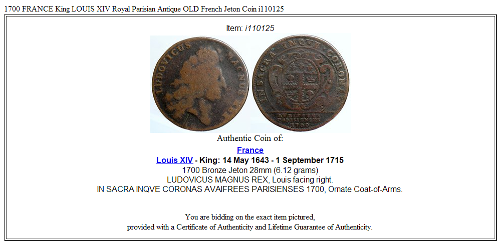 1700 FRANCE King LOUIS XIV Royal Parisian Antique OLD French Jeton Coin i110125