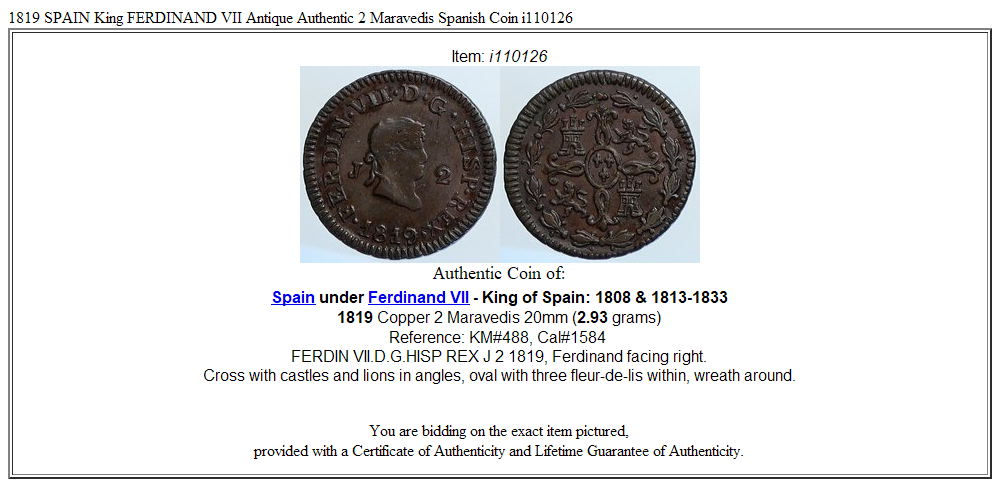 1819 SPAIN King FERDINAND VII Antique Authentic 2 Maravedis Spanish Coin i110126