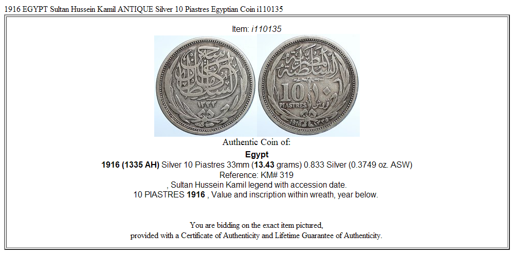 1916 EGYPT Sultan Hussein Kamil ANTIQUE Silver 10 Piastres Egyptian Coin i110135