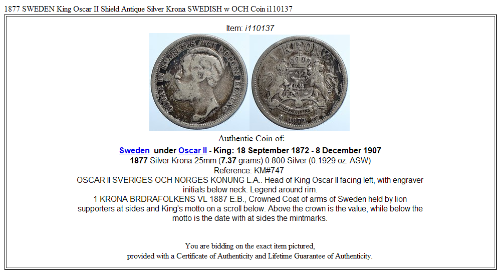 1877 SWEDEN King Oscar II Shield Antique Silver Krona SWEDISH w OCH Coin i110137