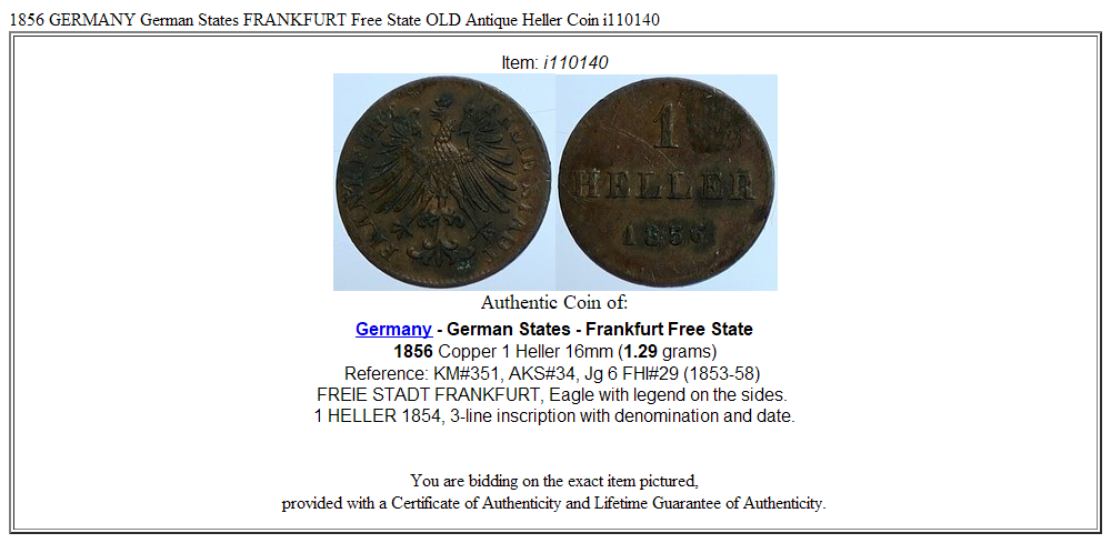 1856 GERMANY German States FRANKFURT Free State OLD Antique Heller Coin i110140