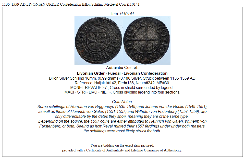 1135-1559 AD LIVONIAN ORDER Confederation Billon Schilling Medieval Coin i110141