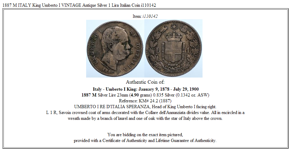 1887 M ITALY King Umberto I VINTAGE Antique Silver 1 Lira Italian Coin i110142