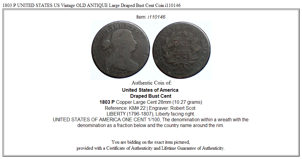 1803 P UNITED STATES US Vintage OLD ANTIQUE Large Draped Bust Cent Coin i110146