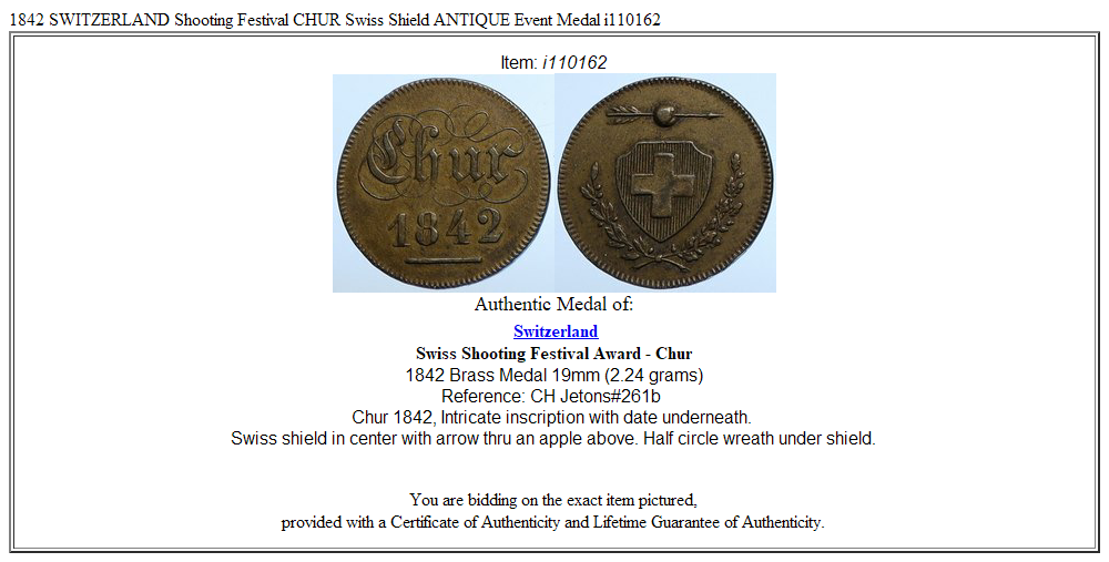 1842 SWITZERLAND Shooting Festival CHUR Swiss Shield ANTIQUE Event Medal i110162