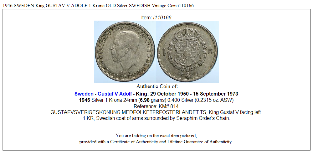 1946 SWEDEN King GUSTAV V ADOLF 1 Krona OLD Silver SWEDISH Vintage Coin i110166