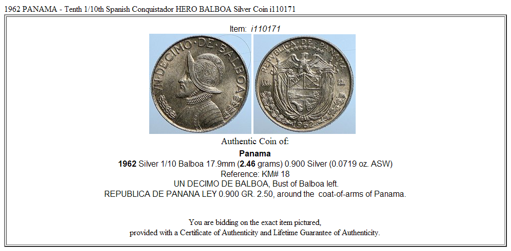 1962 PANAMA - Tenth 1/10th Spanish Conquistador HERO BALBOA Silver Coin i110171