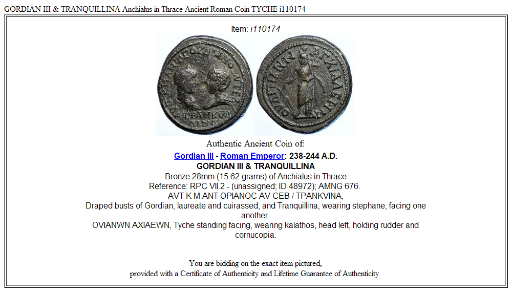 GORDIAN III & TRANQUILLINA Anchialus in Thrace Ancient Roman Coin TYCHE i110174