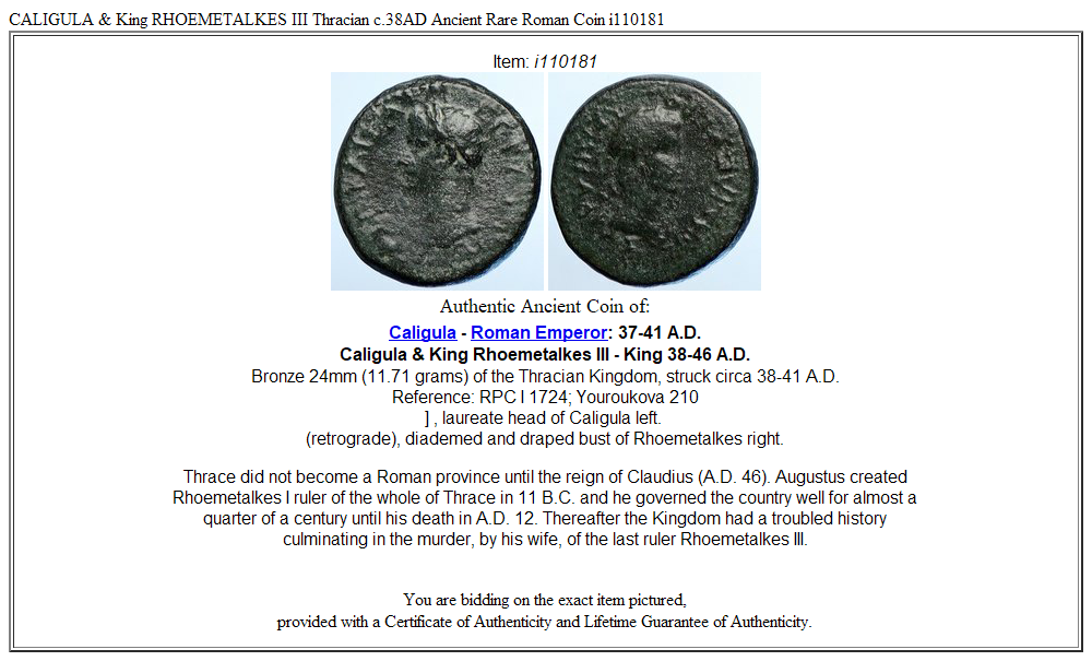 CALIGULA & King RHOEMETALKES III Thracian c.38AD Ancient Rare Roman Coin i110181