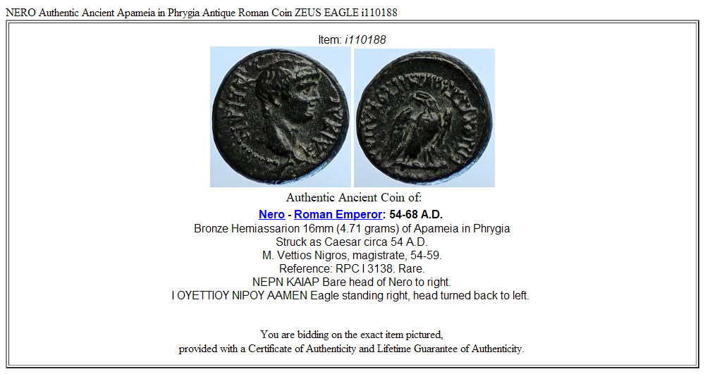 NERO Authentic Ancient Apameia in Phrygia Antique Roman Coin ZEUS EAGLE i110188