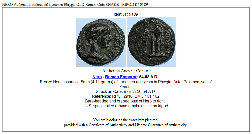 NERO Authentic Laodicea ad Lycum in Phrygia OLD Roman Coin SNAKE TRIPOD i110189