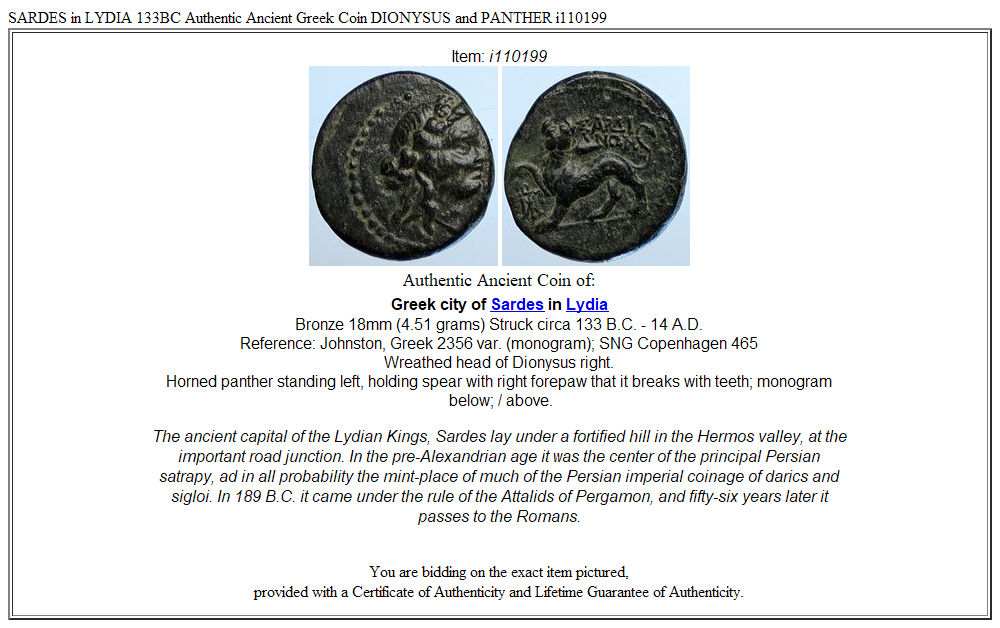 SARDES in LYDIA 133BC Authentic Ancient Greek Coin DIONYSUS and PANTHER i110199