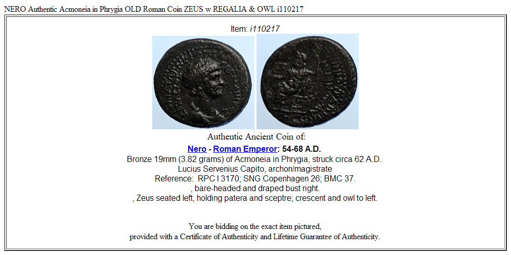 NERO Authentic Acmoneia in Phrygia OLD Roman Coin ZEUS w REGALIA & OWL i110217