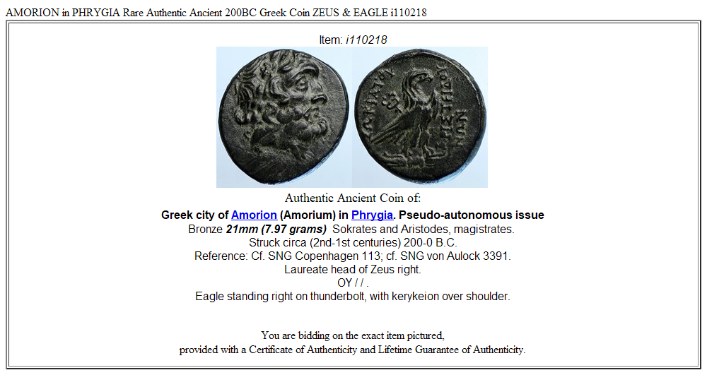 AMORION in PHRYGIA Rare Authentic Ancient 200BC Greek Coin ZEUS & EAGLE i110218