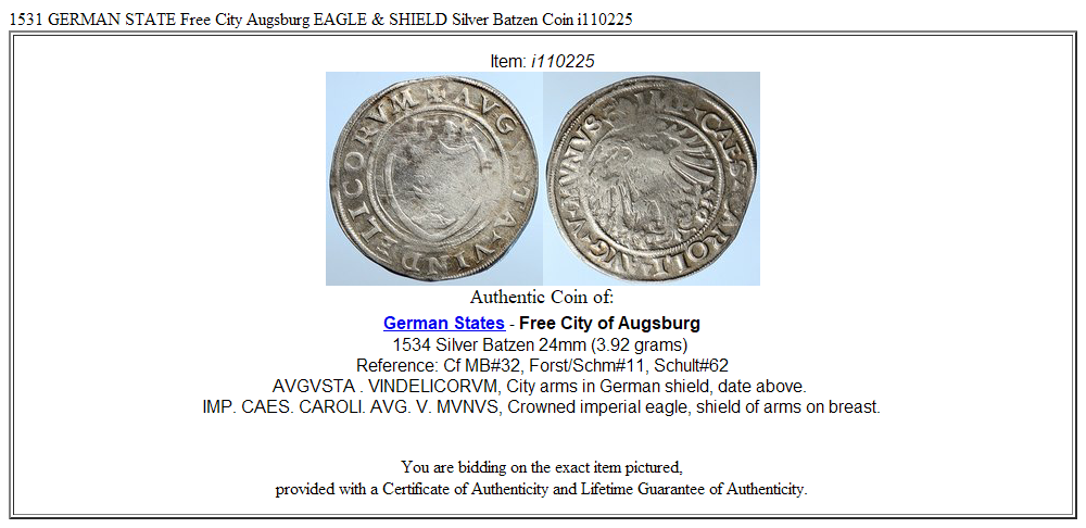 1531 GERMAN STATE Free City Augsburg EAGLE & SHIELD Silver Batzen Coin i110225