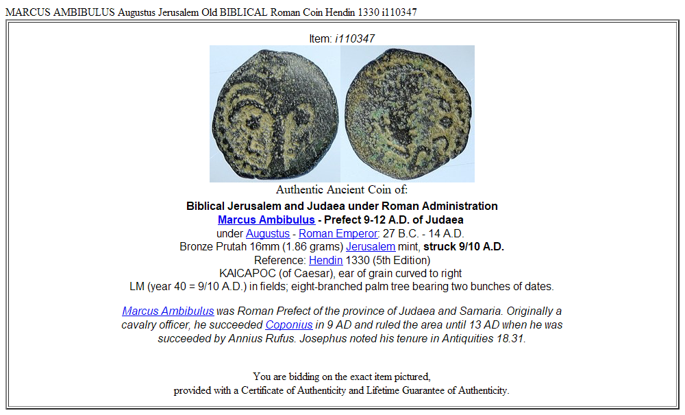 MARCUS AMBIBULUS Augustus Jerusalem Old BIBLICAL Roman Coin Hendin 1330 i110347