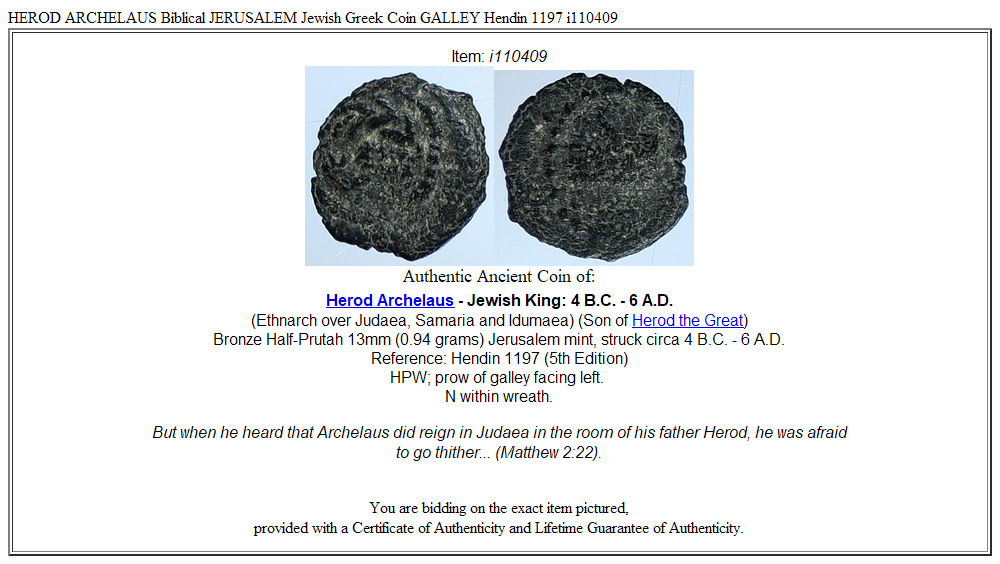 HEROD ARCHELAUS Biblical JERUSALEM Jewish Greek Coin GALLEY Hendin 1197 i110409