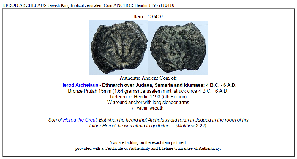 HEROD ARCHELAUS Jewish King Biblical Jerusalem Coin ANCHOR Hendin 1193 i110410