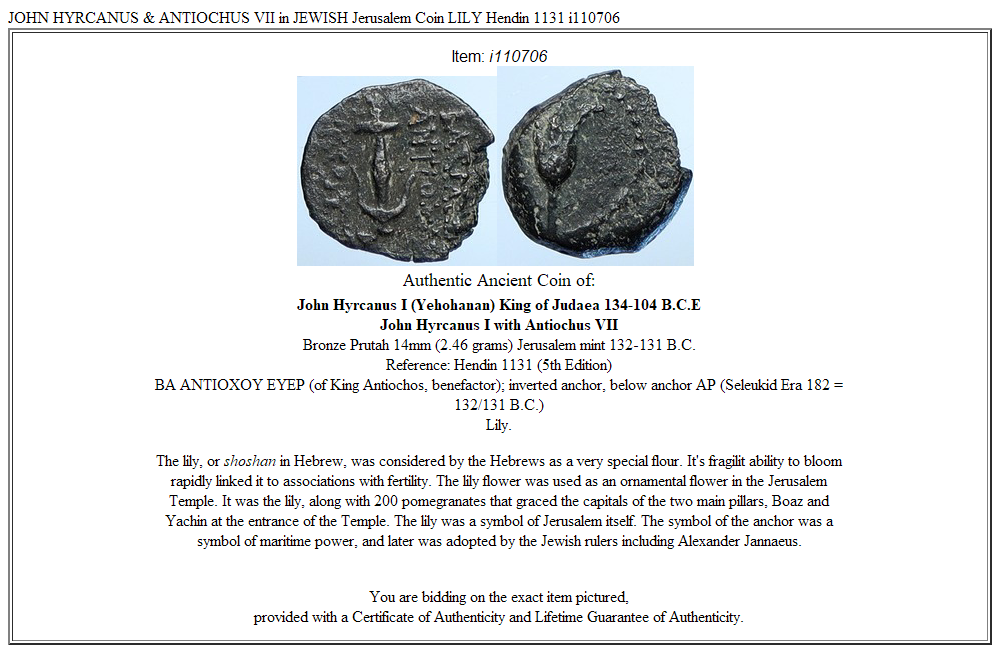 JOHN HYRCANUS & ANTIOCHUS VII in JEWISH Jerusalem Coin LILY Hendin 1131 i110706