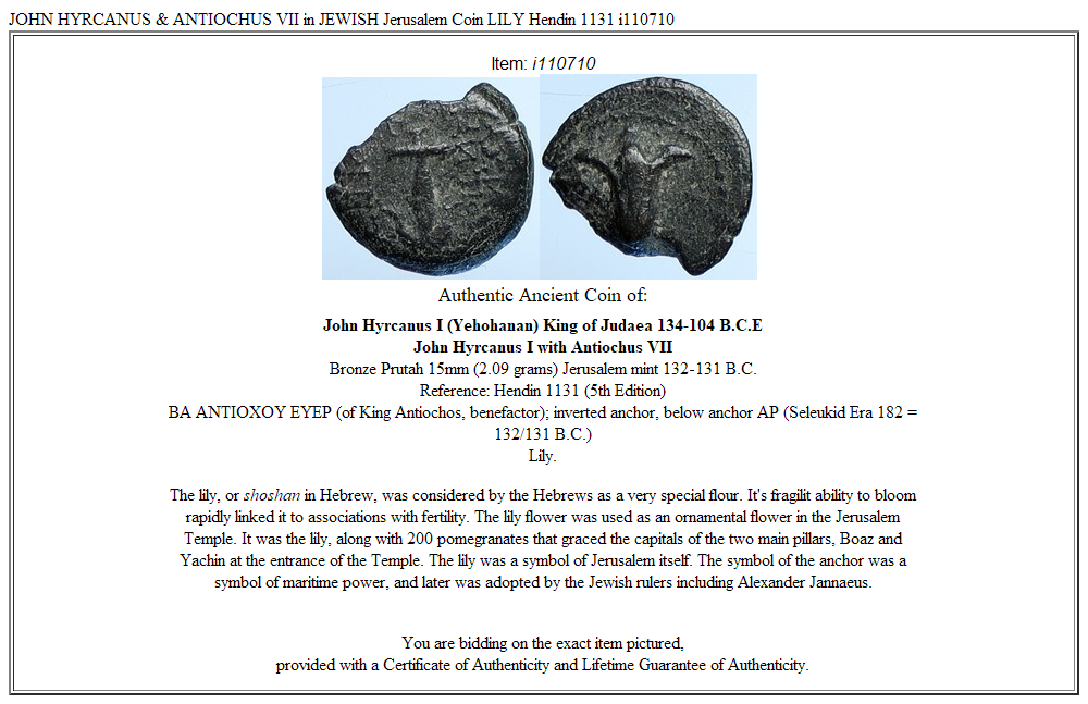 JOHN HYRCANUS & ANTIOCHUS VII in JEWISH Jerusalem Coin LILY Hendin 1131 i110710