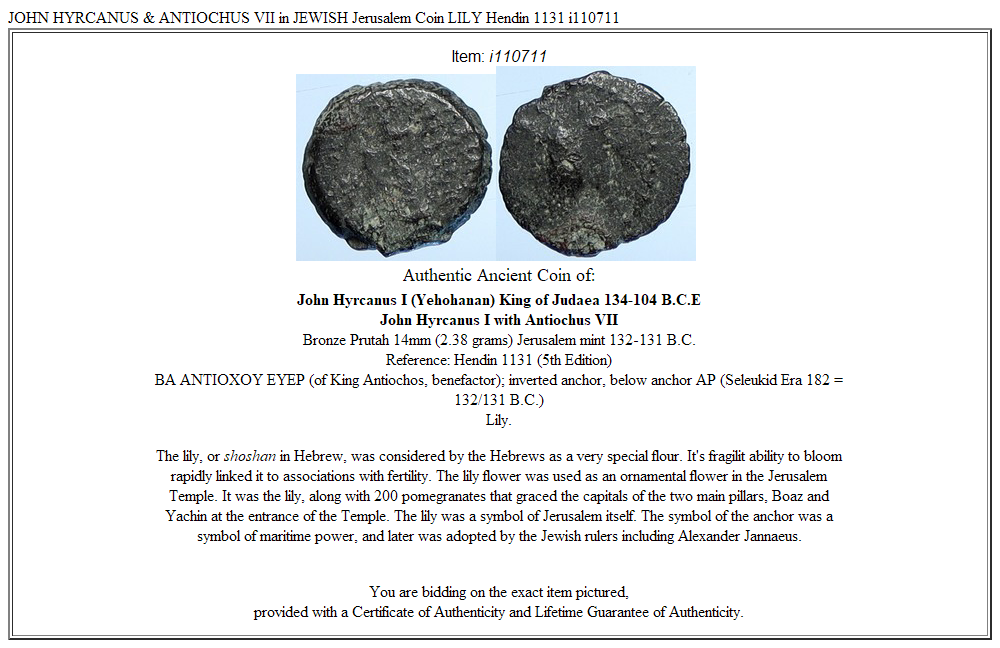 JOHN HYRCANUS & ANTIOCHUS VII in JEWISH Jerusalem Coin LILY Hendin 1131 i110711