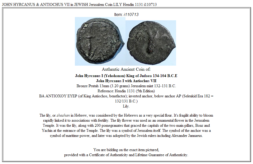 JOHN HYRCANUS & ANTIOCHUS VII in JEWISH Jerusalem Coin LILY Hendin 1131 i110713