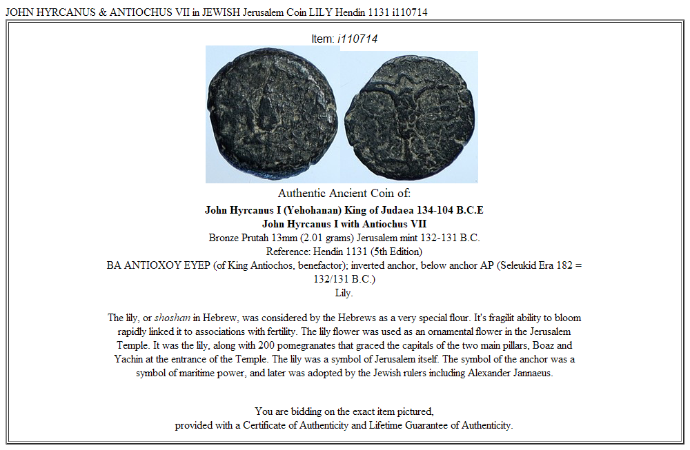 JOHN HYRCANUS & ANTIOCHUS VII in JEWISH Jerusalem Coin LILY Hendin 1131 i110714