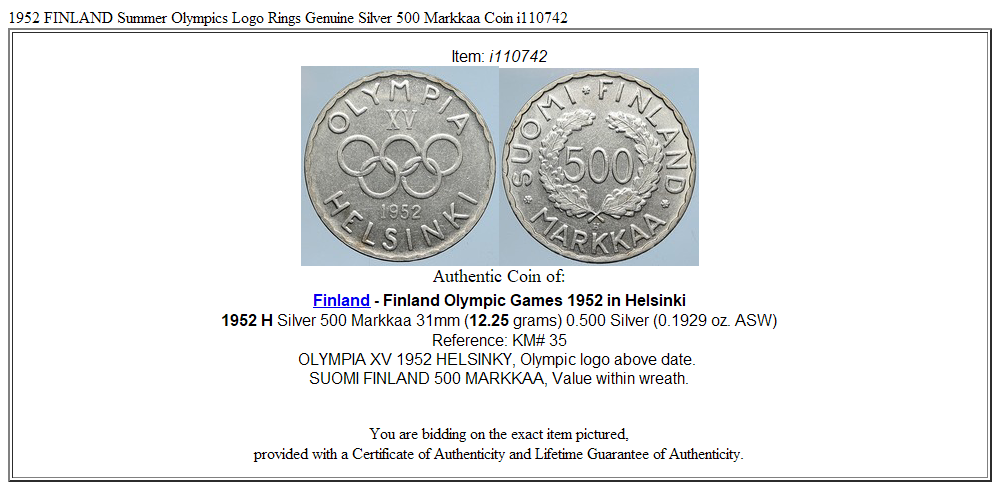 1952 FINLAND Summer Olympics Logo Rings Genuine Silver 500 Markkaa Coin i110742