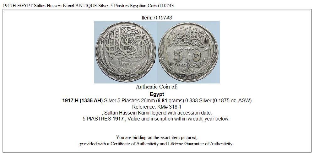 1917H EGYPT Sultan Hussein Kamil ANTIQUE Silver 5 Piastres Egyptian Coin i110743