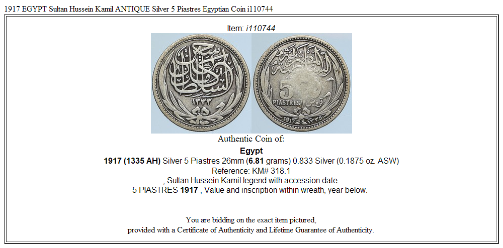 1917 EGYPT Sultan Hussein Kamil ANTIQUE Silver 5 Piastres Egyptian Coin i110744